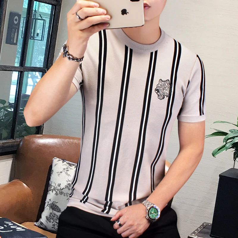 Camiseta Papai Noel, новинка, короткий рукав, трикотажная футболка для мужчин, Vete, Мужская футболка, Homme, уличная одежда, Полосатый пуловер с вышивкой животных, черный, белый