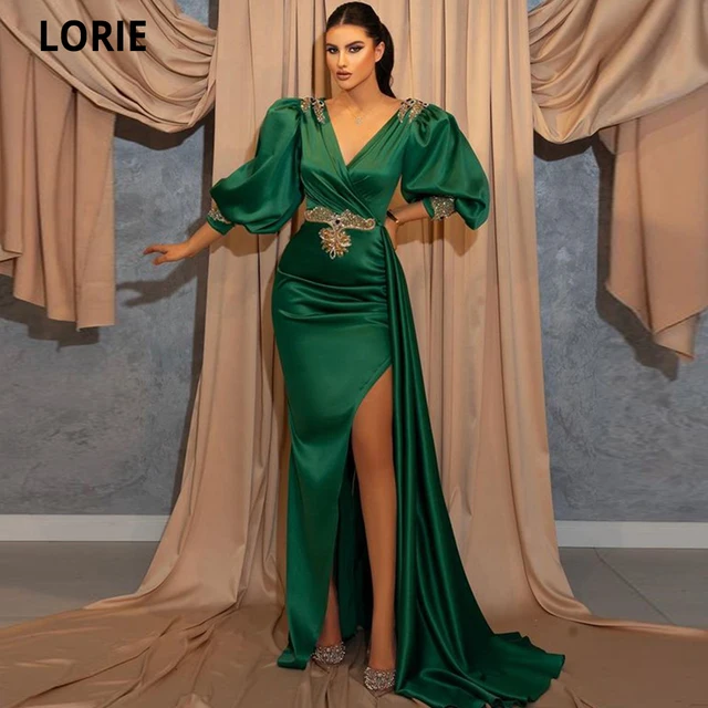 LORIE High Quality Green Prom Dresses Puff Sleeves V-neck High Side Slit Formal Evening Gowns Long Wedding Party Dress Vestidos Green