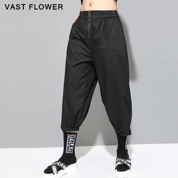 

2020 summer new women black zipper casual harem pants cotton elastic waist pocket fashion loose calf length trousers streetwear