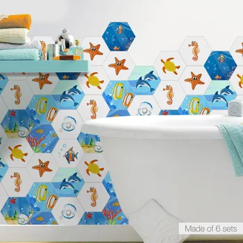 

Funny Underwater World Hexagonal Wall Stickers Cartoon Animal Tile Floor Decals for Kids Rooms Bedroom Living Room Home Decor
