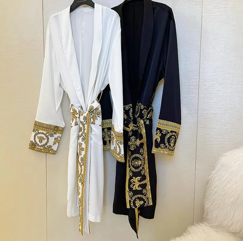 Luxury New Light Black Gold Printing Trend Robe Wearing Windbreaker Palace Fashion Home Long Men Women Jacket Trench Coat White silk pajama set