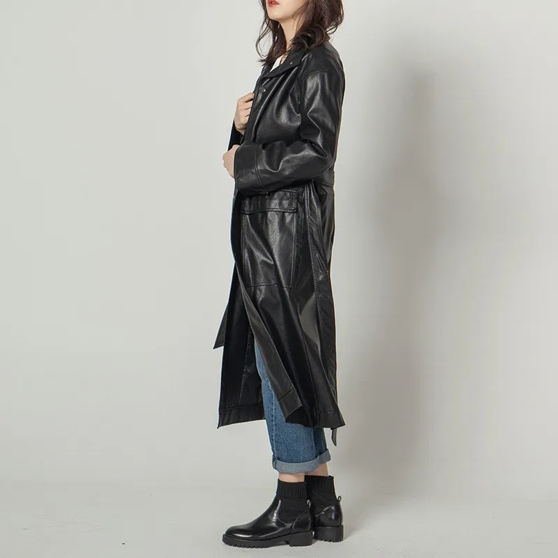 

Designer New Fashion Womens PU Leather Long Coats British Adjustable Waist Single Breasted Slim Pockets Female Trench Coats