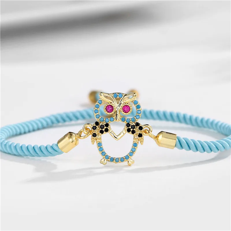 NEWBUY Trendy Blue Color Rope Life Tree Bracelet Cubic Zirconia Inlay Gold Color Owl Charm Bracelets For Women Girl Dropship