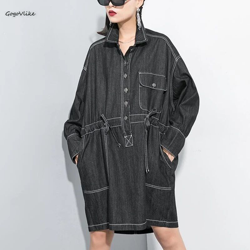 

Oversized Jeans Dresses 2019 New Spring Lapel Long Sleeve Denim Irregular Dress Women Drawstring Vestidos Knee Length LT921S30