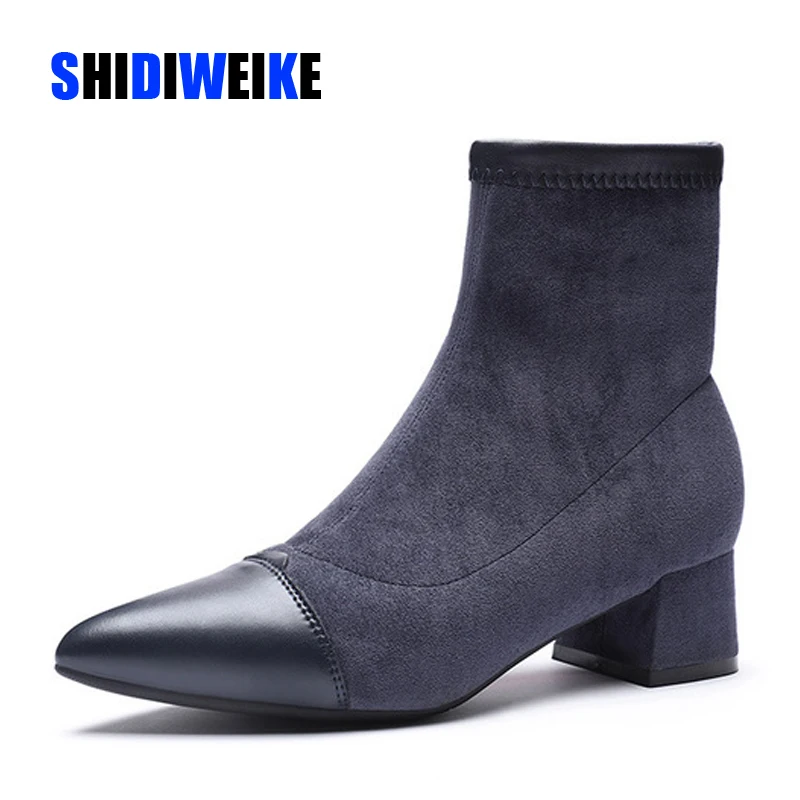 

Woman Boots Ankle Short Boots Flock Pointed Toe Square Heels Winter Booties Woman 2019 Slip On Women Boots Black Beige Blue g696