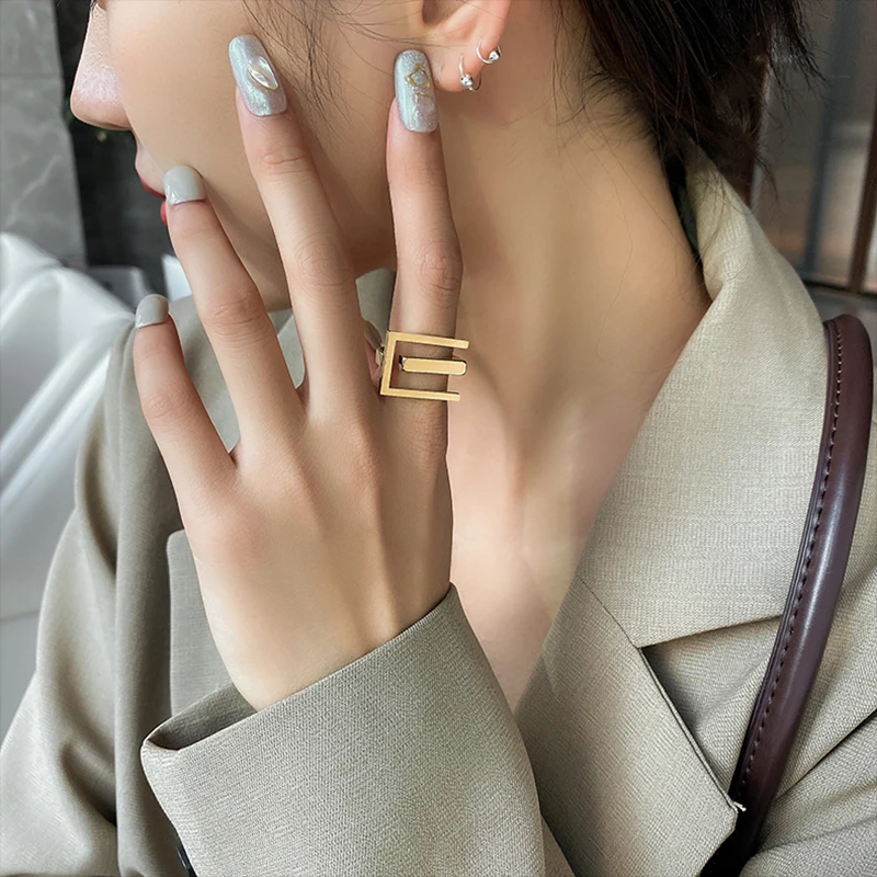 European and American Exaggeration Titanium Steel Gold Geometric Element Open Rings For Woman 2020 New Fashion Korean Jewelry - Image 2