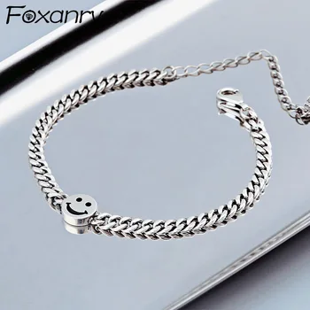 

Foxanry 925 Sterling Silver Smiley Face Vintage Bracelets for Women New Trendy Thai Silver Elegant Birthday Party Jewelry Gifts