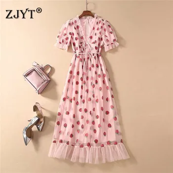 

High Quality Runway Dress Women 2020 Spring Summer Clothes Fashion Short Sleeve V Neck Print Bandage Mid Calf Sweet Tulle Dress