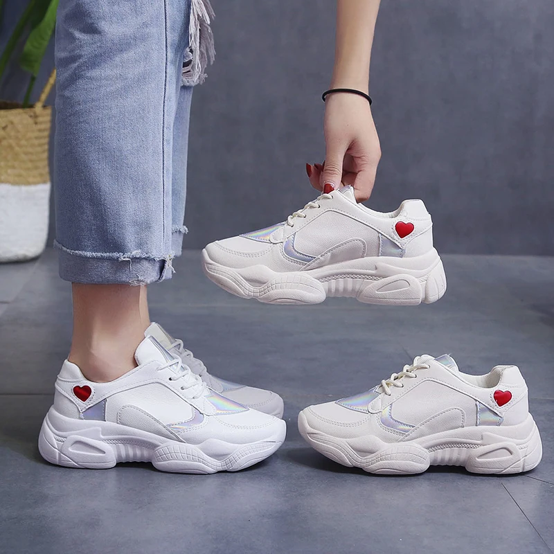 

Laser Glitter Women's Chunky Sneakers Fashion Women Platform Shoes Lace Up Pink Vulcanize Shoes Womens Female Trainers Dad Shoes