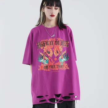 

Ripped Holes Summer Top Graphic Tees Satan SunFlower Oversized Purple T Shirts Women Goth Clothes Streetwear Gothic Clothing
