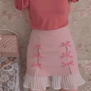 

French private servers homemade huisu vintage nifty bowknot skirts splicing chiffon pleated skirt in the summer