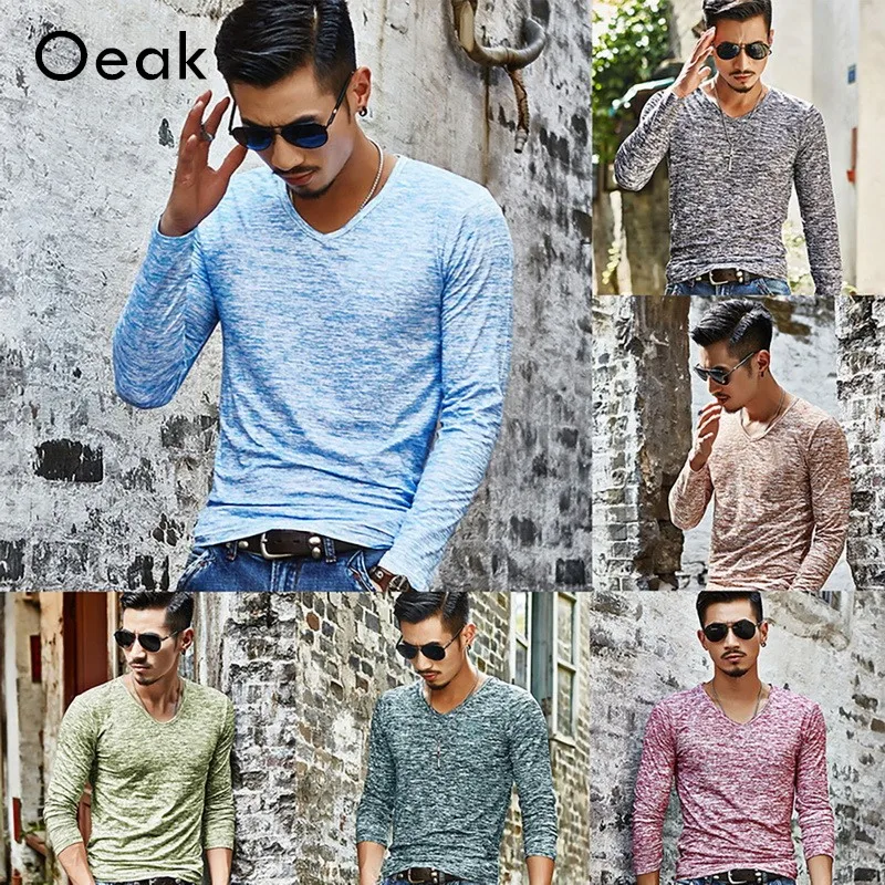 

Oeak Spring Autumn Men Fashion Long Sleeve T-Shirt Ink Printing -Breasted Men Slim Fit Casual Fitness T-Shirt Top