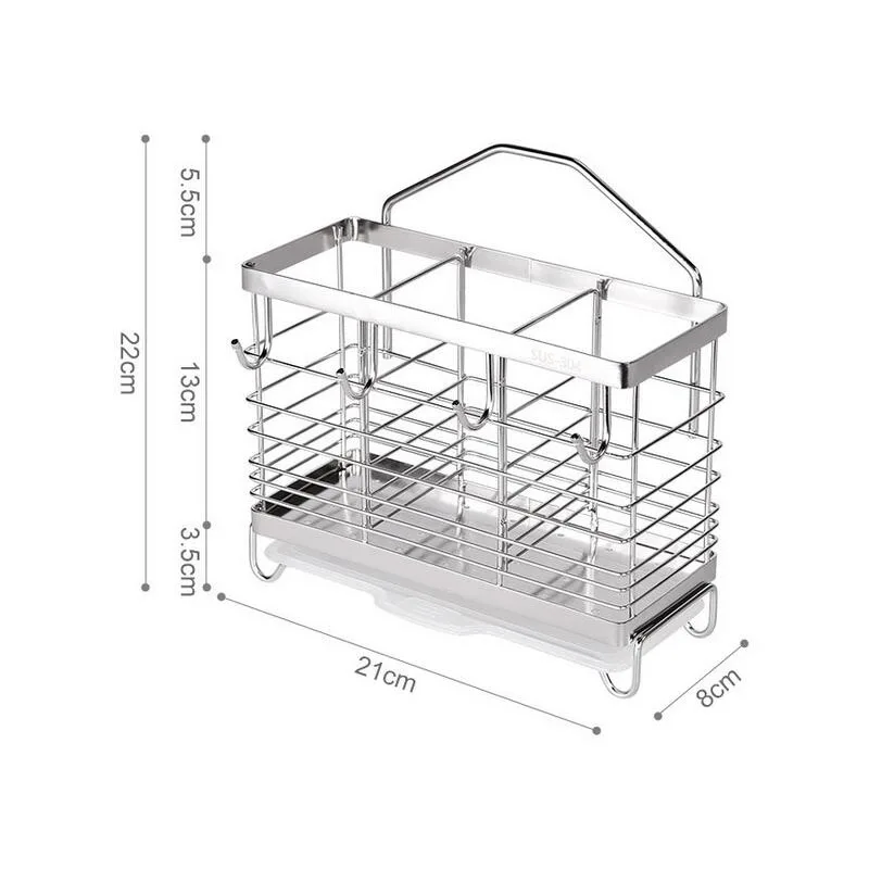 304 Stainless Steel Chopsticks Spoon Fork Cutlery Drying Rack Draining Water Tray Kitchen Shelf Stand Holder Tool 4 Hanging Hook