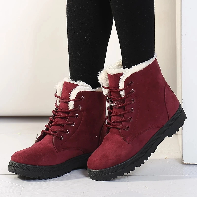 Women Winter Snow Boots Warm Flat Plus Size Platform Lace Up Ladies Women's Shoes New Flock Fur Suede Ankle Boots Female