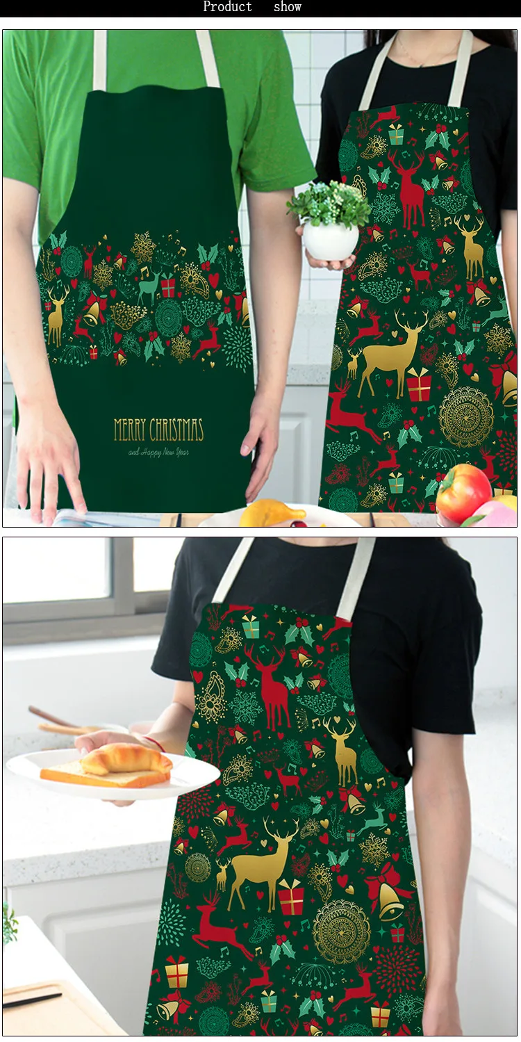 Green Custom Linen Cooking Apron Dress Christmas Tree Gift Elk Child Kitchen Funny Kitchen Apron for Women Baking Accessories