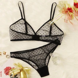 Sexy Underwear Set Breathable Bralette With Sexi Underpants Polka Dot Sheer Mesh Lingerie Set Invisible Bra For Women
