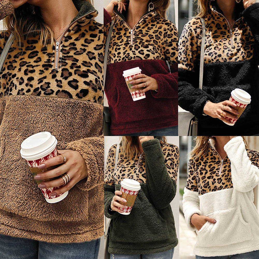 Women Hoody Leopard Patchwork Plus Size Fluffy Sweatshirt Women Zip Fleece Casual Oversized Hoodie Winter Pullover Hoody Ladies