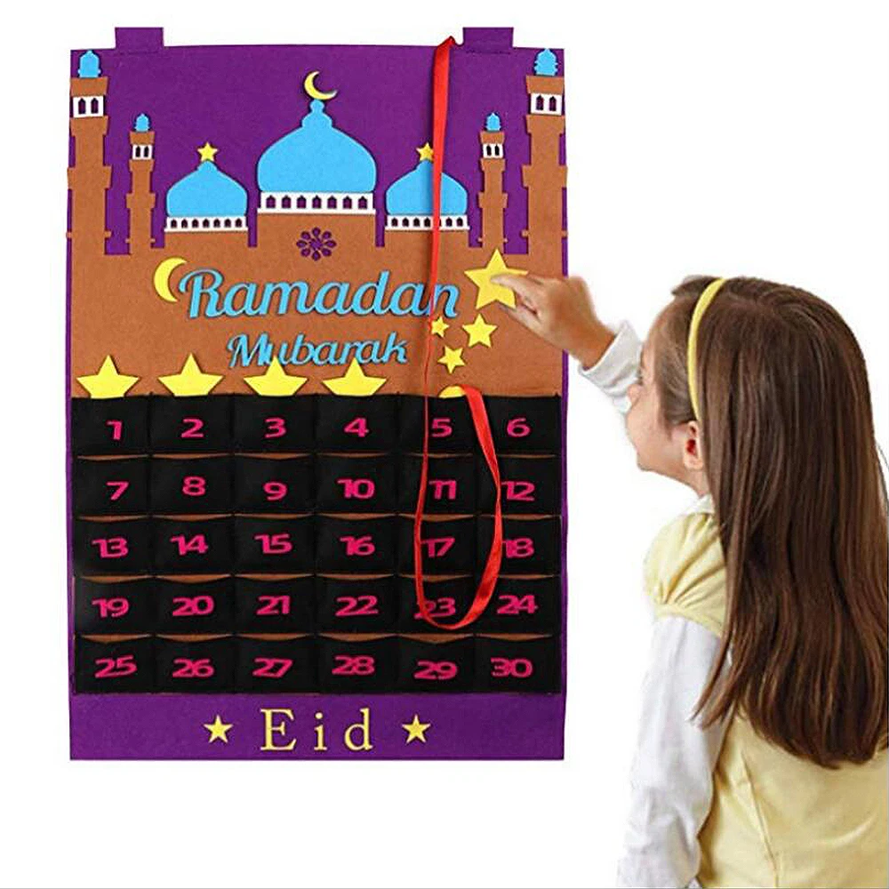 Newest Eid Mubarak 30days Advent Calendar Hanging Felt Countdown Calendar for Kids Gifts Ramadan Party Decorations Supplies