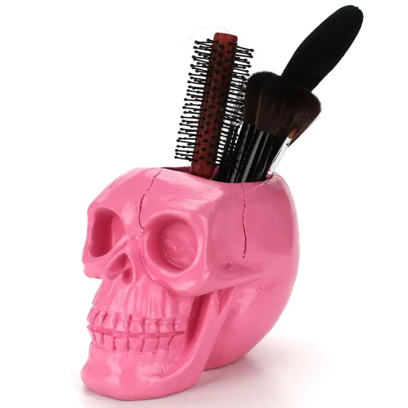 

Creative Pink Skull Ornament Skeleton Pen Holder Desktop Pencil Organizer Makeup