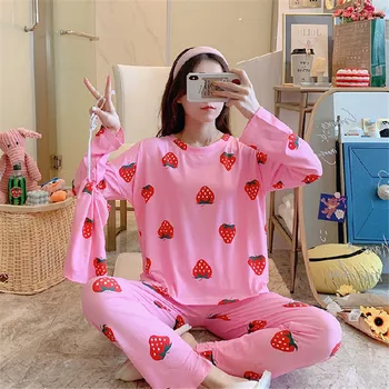 

Strawberry Pajamas Sets for Women Cute Cartoon Character Print Female Autumn Sleepwear Lingerie Suit Soft Febric Good Quality