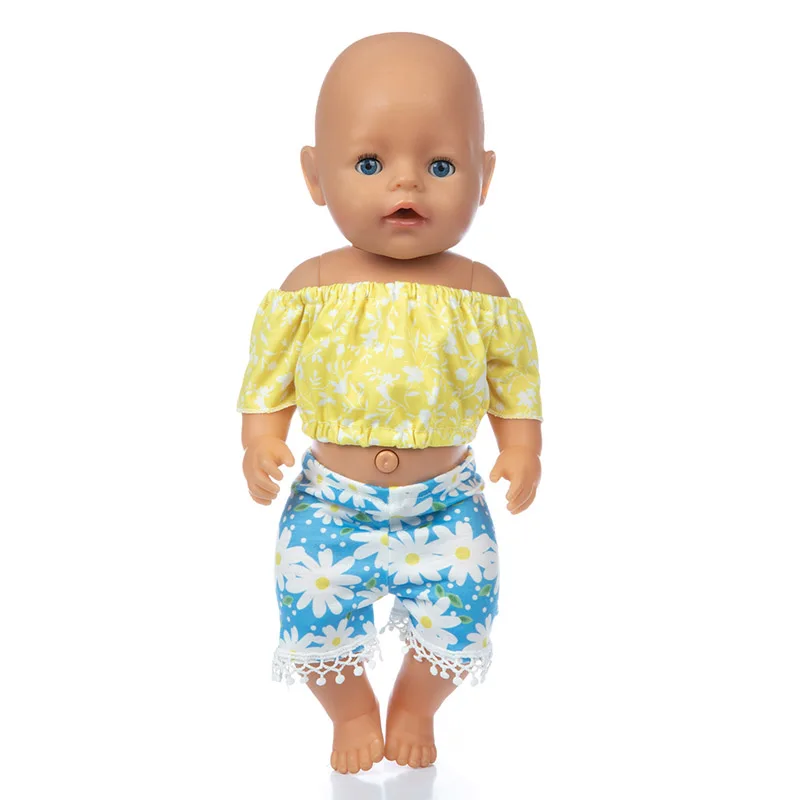 

2020 New Baby New Born Fit 18 inch Doll Clothes Accessories Yellow Clothes Plum Pants Suit For Baby Birthday Gift