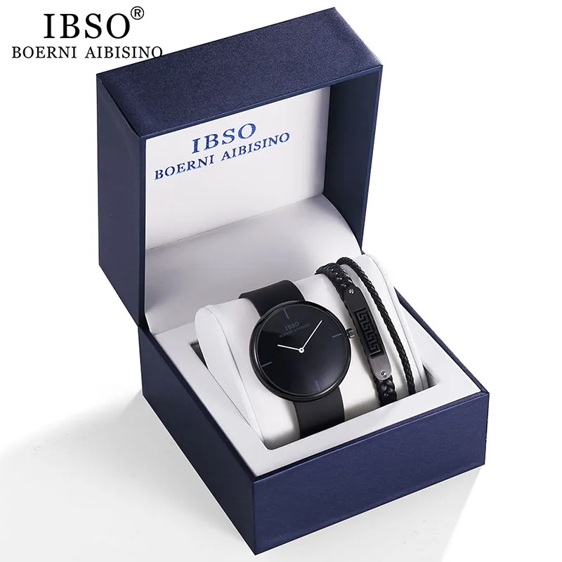 

IBSO Brand Men's Quartz Bracelet Watch Set Black Round Dial Quartz Wristwatch Business Sport Silicone Strap Watch Gift Set