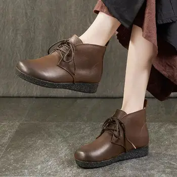 

Johnature Genuine Leather Women Shoes Ankle Boots 2020 New Winter Short Plush Lace-up Round Toe Wedges Sewing Platform Boots