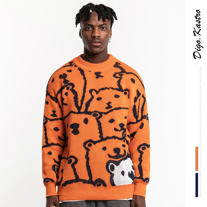 Original Trend Cartoon Cubs Knit Men / Women Loose Lazy Style Orange Sweaters Streetwear Personality Couples Knits
