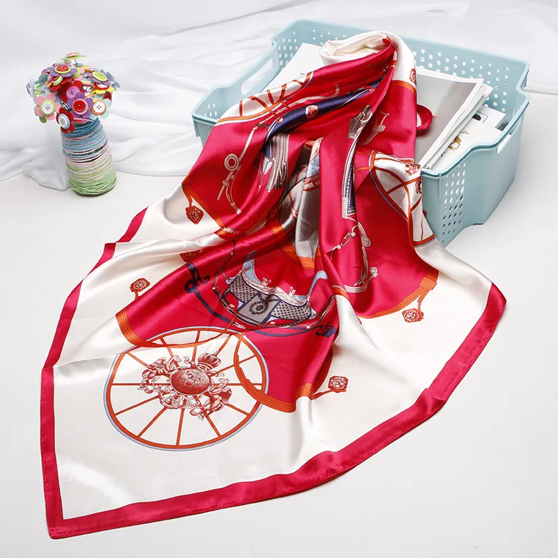 Square Scarves Women Chain Print Sunscreen Silk Scarf Female Satin Long dual-use Shawl Beach Towel Crown coaster |