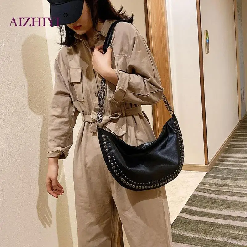 Female Casual Solid Color PU Leather Crossbody Bag Women Fashion Rivet Black Semicircle Shoulder Messenger Handbag