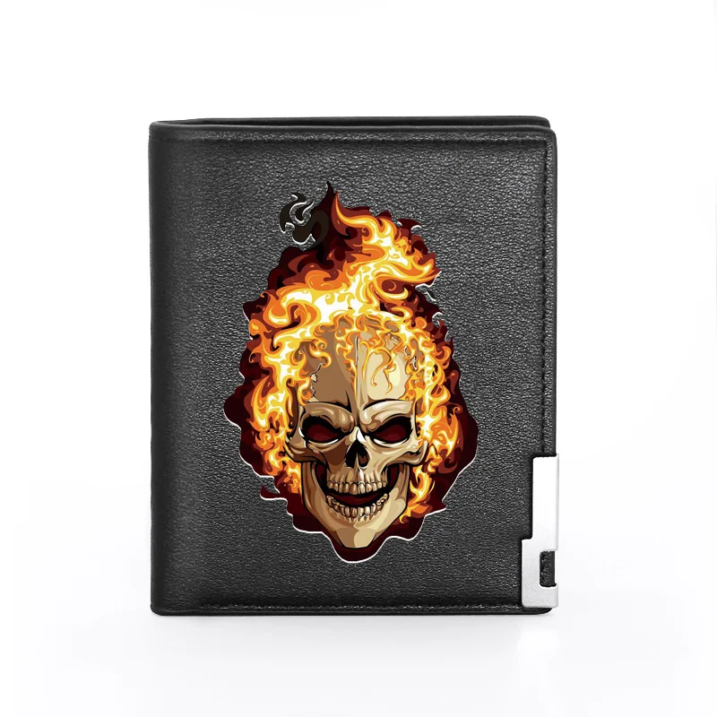 High Quality Fire Skull Cover Men Women Leather Wallet Billfold Slim Credit Card/ID Holders Inserts Male Short Purses