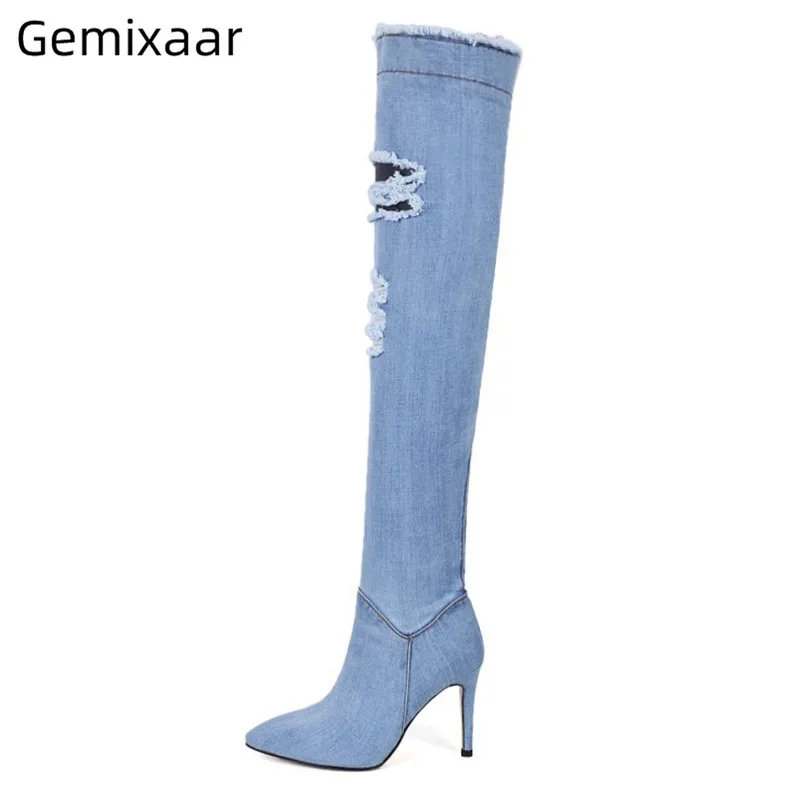 

2019 New Boots Woman Blue Denim Cut-outs Pattern Walking Bottes Pointy Toe High Gladiator Heel Over The Knee Side Zipper Boots