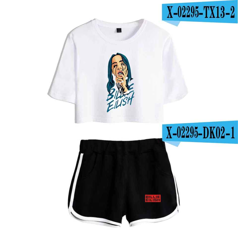 As Picture Popular new to Billie Eilish black short belly button T-shirt+ white shorts fashion women casual cotton girl two-piece - Цвет: As Picture