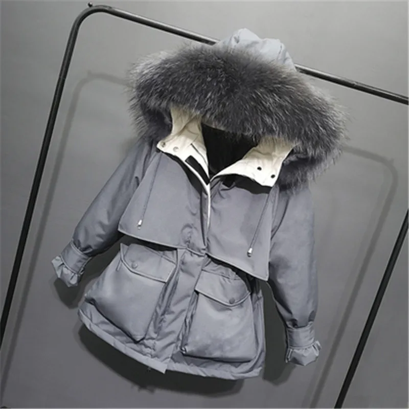 Campera pluma mujer, пуховик на утином пуху, женская зимняя теплая куртка с натуральным меховым воротником и капюшоном, негабаритный пуховик, пуховая куртка, D469 - Цвет: grey