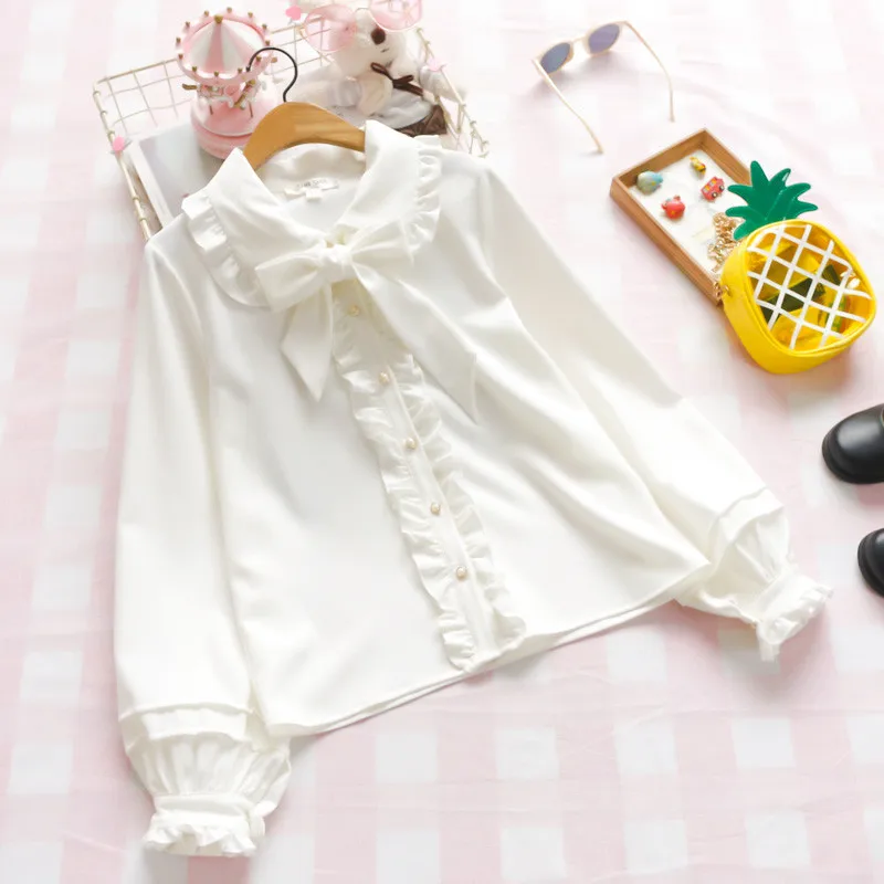

2019 womens tops and blouses sweet shirt girls autumn spring Japanese style sweet peter pan collar bow white solid blouse PZ2039