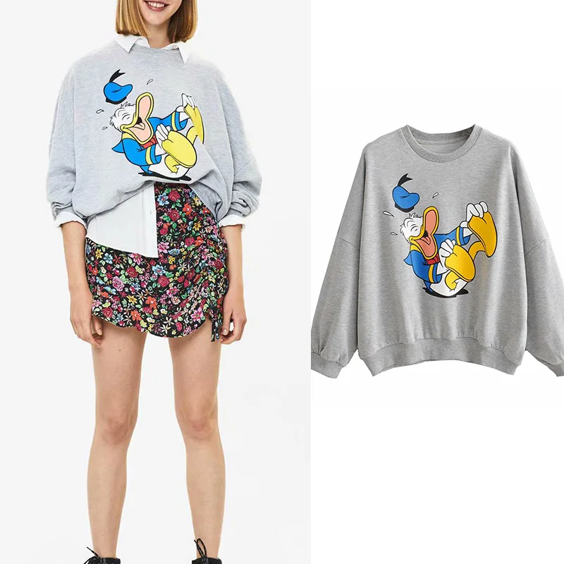 

za 2019 o-neck cartoon duck print sweatshirt women casual long sleeve pullover ropa mujer loose sweatshirt female