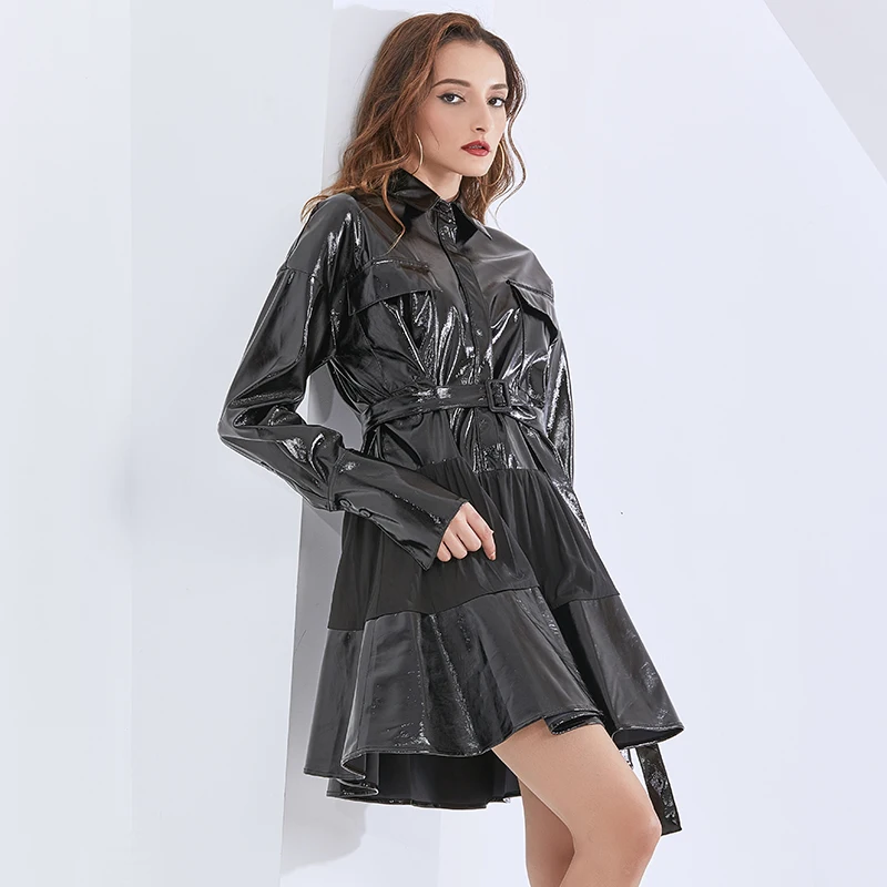TWOTWINSTYLE Patchwork Pu Dress For Women Lapel