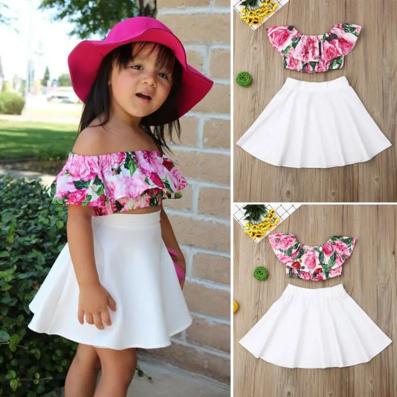 2PCS Newborn Toddler Baby Girl Summer Clothes Set Floarl Print Off Shoulder Tops+Solid Skirt Dress Outfits Set Fashionable 1-6T kids clothing set girls clothing set
