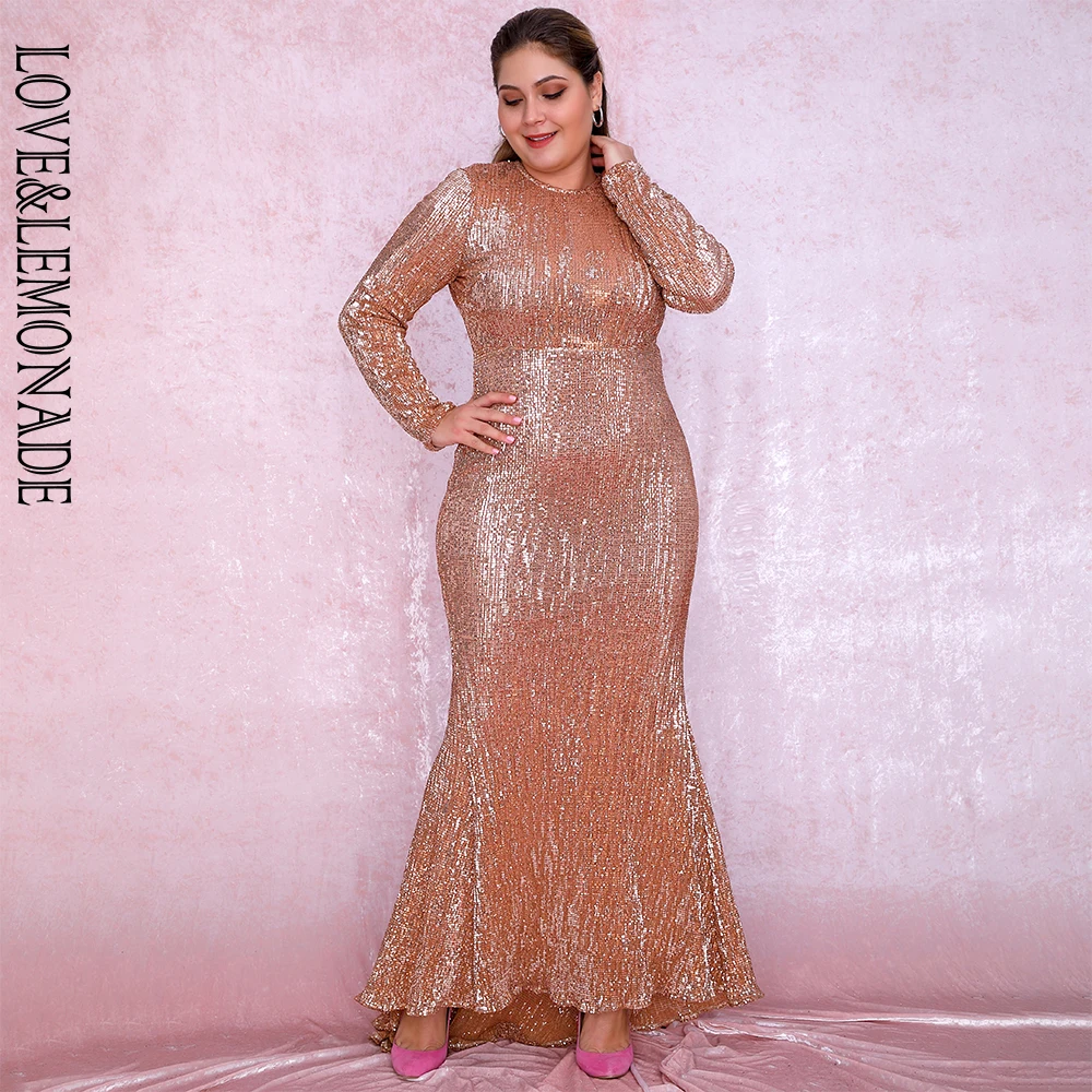 

Love&Lemonade Sexy Plus Size Rose Gold 0-Neck Elastic Pleated Sequins Fishtail Shape Party Mix Dress LM81320PLUS autumn/winter