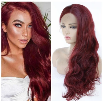 

NHAZEL Hair Body Wave Lace Front Wigs for Women Burgundy Color Cosplay Synthetic Hair Glueless Lace Wigs with Natural Hairline