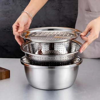 

Multifunctional Stainless Steel Basin Sink Kitchen Colander Fine Mesh Basket Vegetable Washing Bowl 3PCS Set