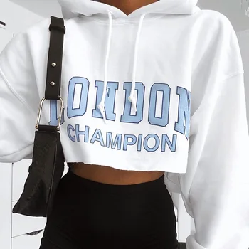 

2020 Plus Size Long Sleeve Women Hoodies Loose Crop Jacket Female Clothes Drawstring Blue Letter White Sexy Hoody Cotton Coats