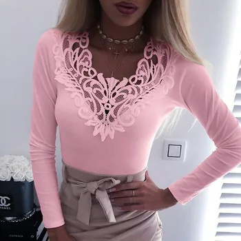 

Long Sleeve Lace V-Neck Solid 2020 Spring Women Patchwork T-Shirt Casual Hollow Out Crops Tops 5XL Plus Size Office Lady G1173