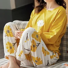 

2021 Winter Sleep Lounge Pajama Long Sleeve Top + Long Pant Pajama Set Cartoon Pyjamas Cotton Sleepwear Women Autumn Homewear