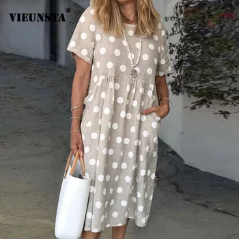 

4XL Summer Dress 2020 Cotton Linen Pocket Polka Dot Print Party Dress Women Retro O-neck Short Sleeve Loose Casual Dress Vestido