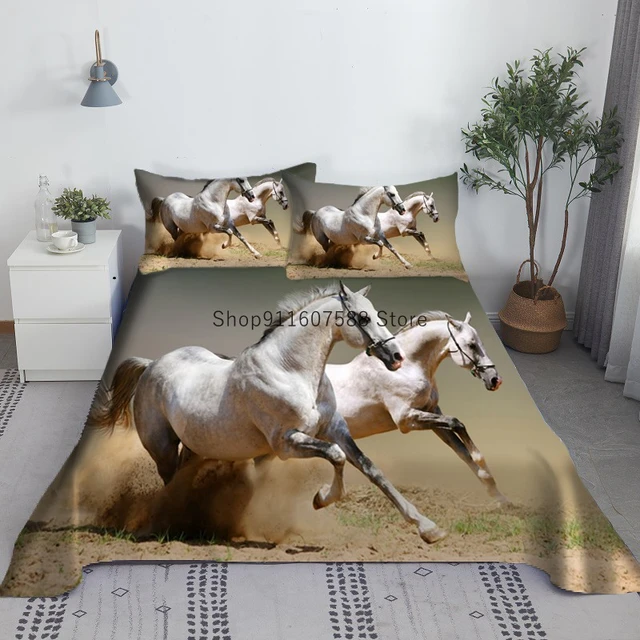 Conjunto de cama de cavalo para meninas e mulheres, cavalos galopantes,  estampados, jogo de lençol 3D de animais selvagens, decoração de quarto,  branco, estilo vida selvagem, 3 peças