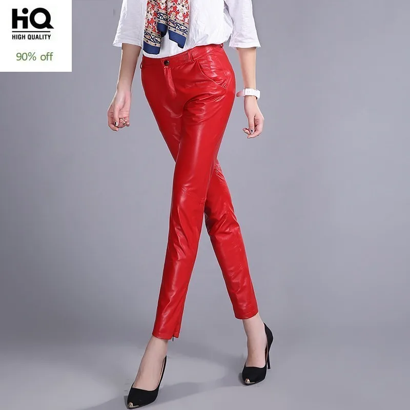 

Office Lady Natural Leather Trousers High Waist Slim Fit Leather Pencil Pants Women Plus Size Elegant Red Sheepskin Long Pants
