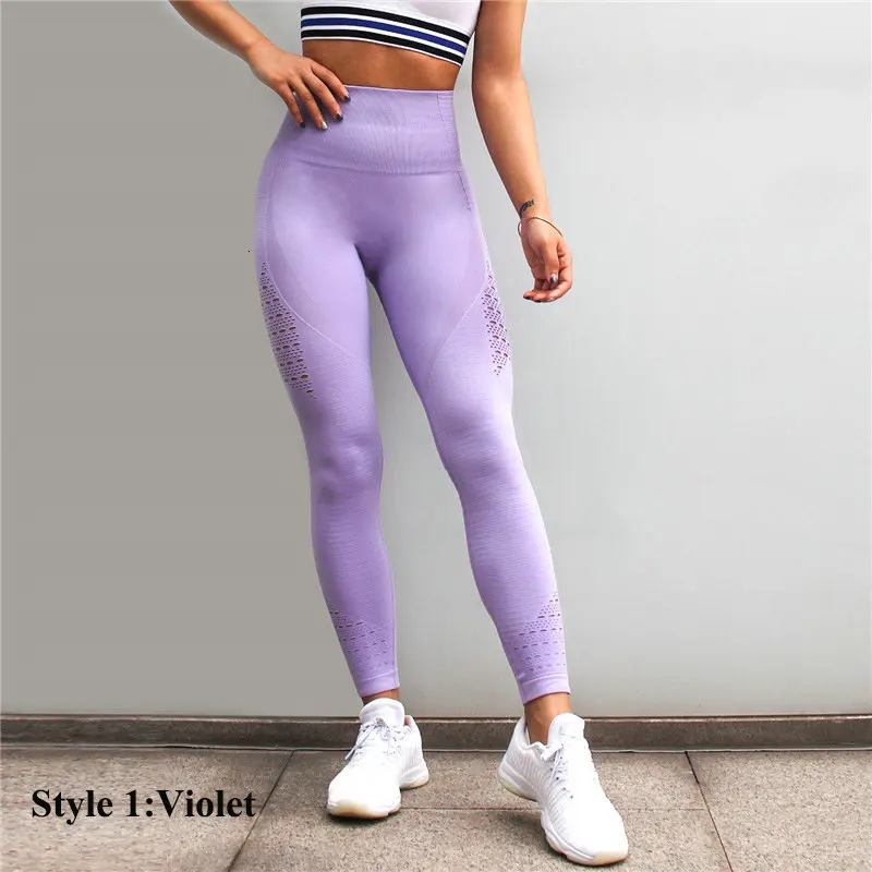 Violet1 2 стиля, энергетические бесшовные леггинсы с дырочками, высокая талия, женские штаны для йоги, супер эластичные попой, обтягивающие спортивные леггинсы, для спортзала, бега - Цвет: Violet1