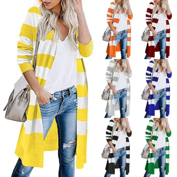 

Fashion New 2020 Spring Autumn Women Sweater Striped Color Block Draped Loose Cardigan Long Sleeve Casual Knit Sweater Coat