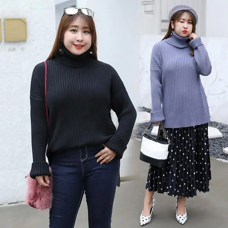 

2019 Autumn Winter Large size Women Knitted Sweaters Female Casual Loose Turtleneck Sweater Plus size Knitting Warm Sweater Tops